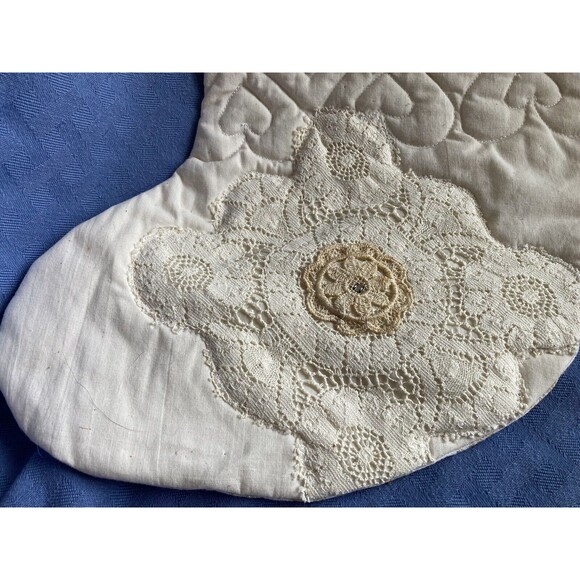 Quilted CHRISTMAS STOCKING Ivory Vintage Lace Holiday Decor - Picture 4 of 5